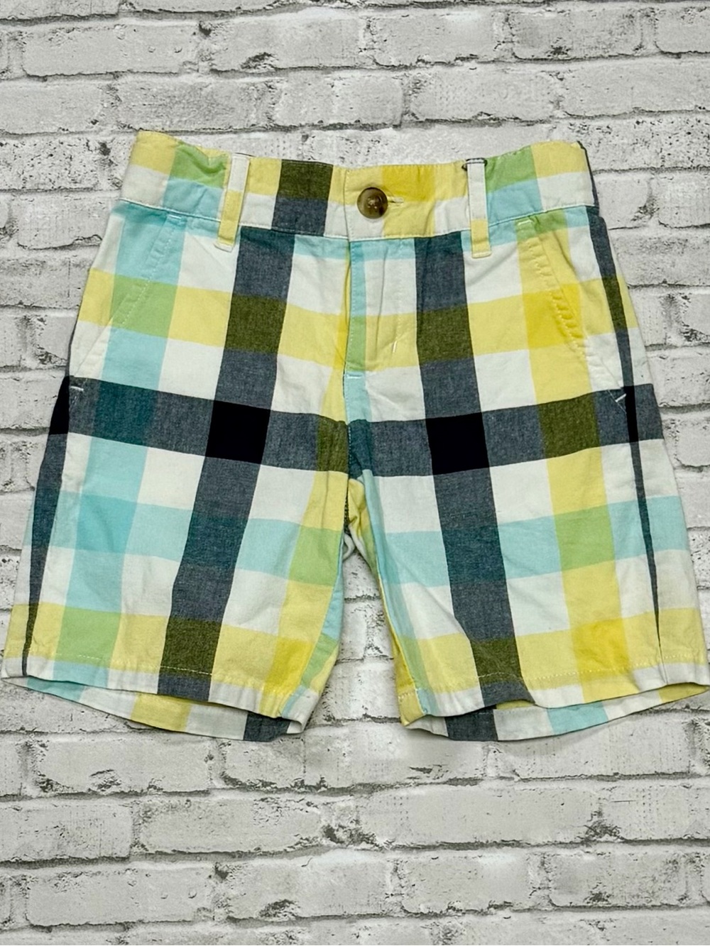 Janie and Jack Plaid Shorts Boys 2T Adjustable Waist Yellow Blue Preppy EUC
